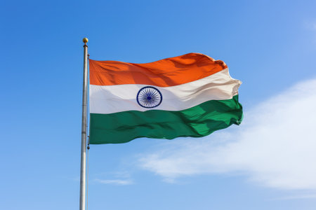 Indian flag waving on blue sky backgroundの素材