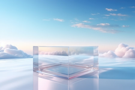 Glass cube podium mockup. Podium pedestal mock up with winter panoramaの素材