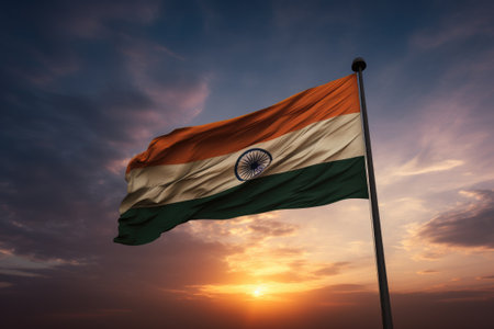 Indian flag waving on blue sky backgroundの素材