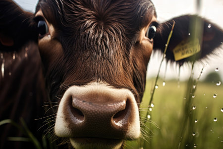 Close-up of the nose and nostrils of a cow in the pastureの素材