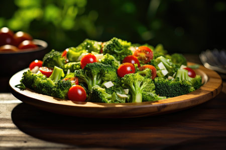 Broccoli salad with vibrant green florets, cherry tomatoes on a rustic wooden plateの素材