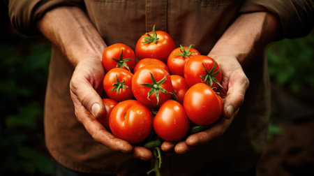 Fresh tomatoes in the hands of a gardenerの素材