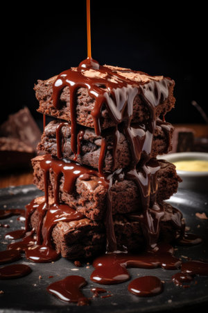 Stack of chocolate brownies with chocolate sauceの素材