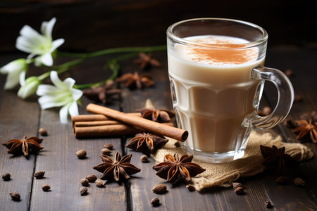 Spiced tea with milk on the rustic wooden table.の素材