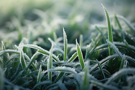 Frozen green grass, grass covered with frost in winter.の素材