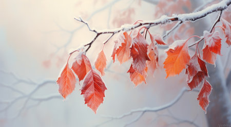 Frosty autumn leaves on branchの素材