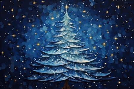 Beautiful Christmas tree with lights on a dark blue backgroundの素材