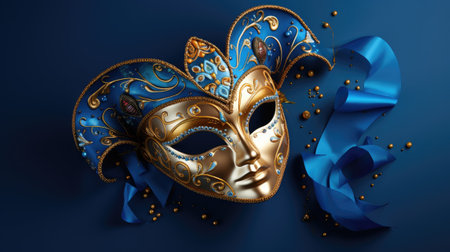 Festive Venetian carnival mask with gold decorations on dark blue background.の素材