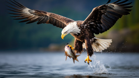 Flying bald eagle above the lake, Haliaeetus leucocephalusの素材