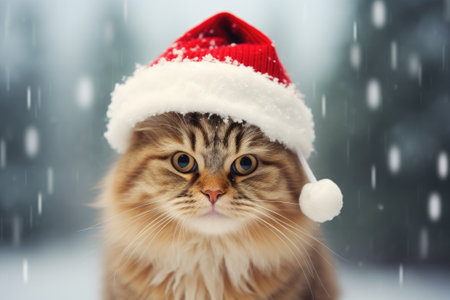 Fluffy cat with a Christmas hat in a winter landscape.の素材