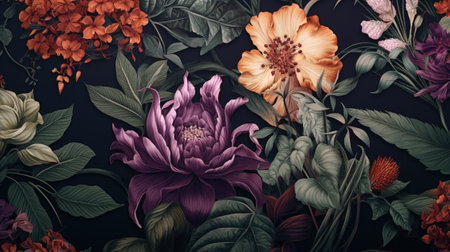 Vintage bouquet of flowers on a black background. Floral background.の素材