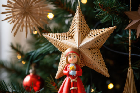 Straw Christmas decoration in the shape of a star with an angelの素材
