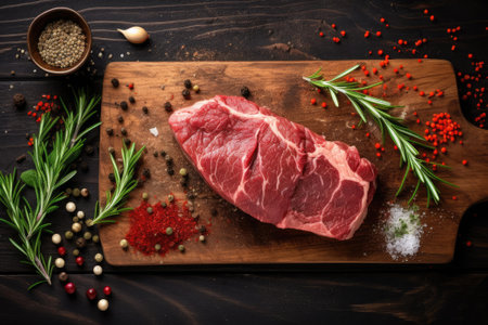 Raw beef steak and spices on wooden cutting board, top view.の素材
