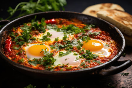 Traditional shakshuka with eggs, tomato and parsley in an iron pan. Top view. Israeli foodの素材