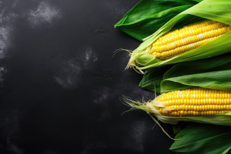Ripe sweet corn cob with leaves on black concrete background, copy spaceの素材