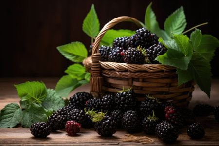 Freshly picked blackberries and blackberry leaves in a basketの素材