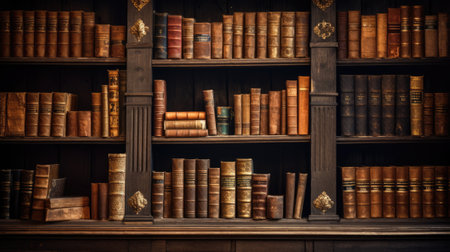 Vintage old books on wooden shelf.の素材