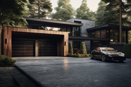 Driveway and garage at a modern houseの素材