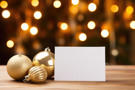Christmas composition. Blank paper and gold Christmas ornaments on wooden table. Copy space.の素材