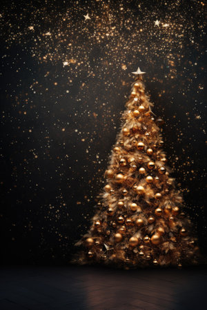 Magic golden Christmas tree with lights on a dark background.の素材