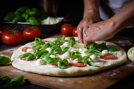 Preparation of classic Italian pizza with homemade tomato sauce, basil and mozzarellaの素材