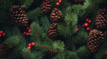 Christmas decorative wide border. Fir branches with red berries and pine cones.の素材