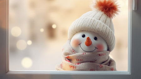 Cute snowman with scarf and hat outside the window. Winter holiday christmas greeting card conceptの素材