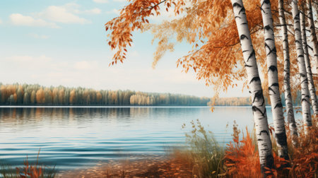Landscape with a lake and birch trees with autumn leavesの素材