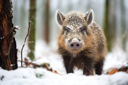 Young wild pig in forest with snow. Wild boar, Sus scrofa. Wildlife animal in the nature habitatの素材