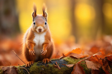Red squirrel sitting in the autumn forest, Sciurus vulgarisの素材