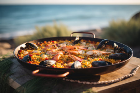 Traditional seafood paella in the pan on a table by the sea. Generative AIの素材