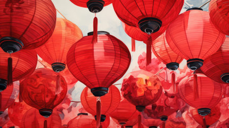 Detail of chinese red lanterns. Decoration for Chinese New Yearの素材