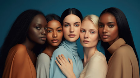 Group of multi ethnic women with different types of skin together. Beauty and diversity. Generative AIの素材