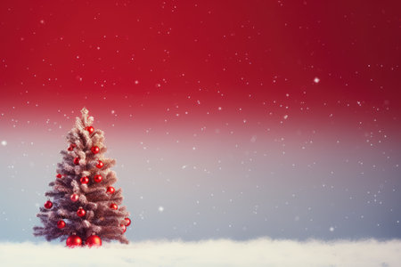 Christmas background with red balls, Christmas tree branches and snowflakes. Holiday concept for banner, greeting card, invitation.の素材