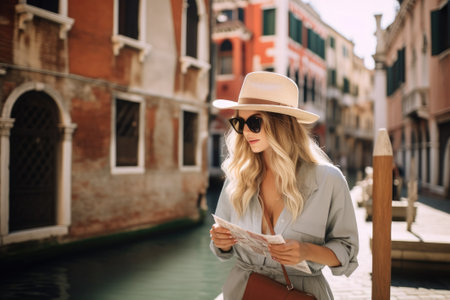 Young blonde tourist with a hat and a map on the streets of Venice, Italy. Guide, tourism in Europeの素材