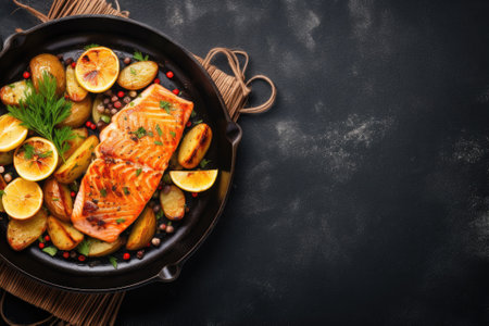 Grilled salmon and potatoes in a frying pan.の素材