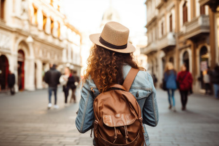 View of a female tourist with a backpack. Guide, tourism in Europeの素材