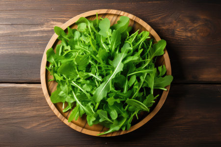 Fresh leaves of arugula in a bowl, top view. Generative AIの素材