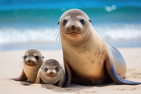 Sea Lion Family in sand lying on beachの素材