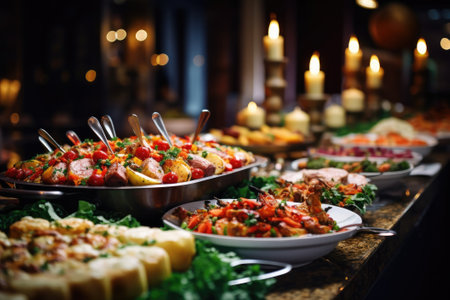 Catering buffet food on a long table in a hotel restaurantの素材