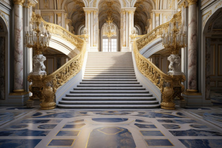 A staircase with gold railings and statuesの素材