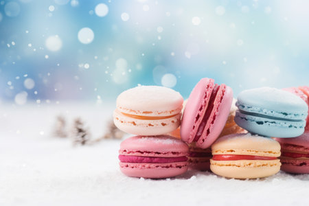 Colorful French macaroons on a winter Christmas backgroundの素材