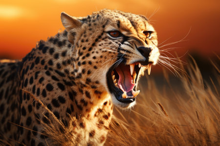 Roaring dangerous cheetah in the wildの素材