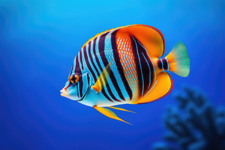 Exotic tropical coral reef redtail butterflyfish on natural blue backgroundの素材