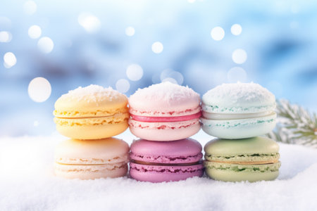Colorful French macaroons on a winter Christmas backgroundの素材