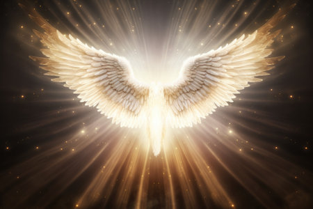 Angel wings in the sky with sun raysの素材