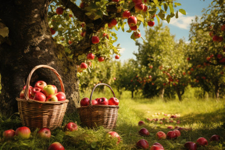 Baskets full of apples under a tree in an apple orchardの素材