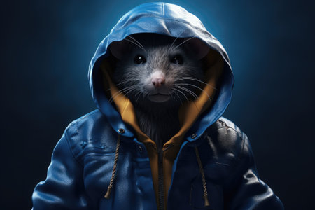 A rat in a blue jacket with a hood on a dark backgroundの素材