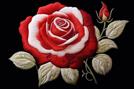 Red roses embroidery on black background.の素材