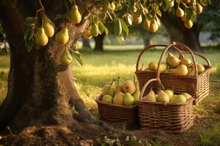 Baskets full of pears under a tree in a pear orchardの素材